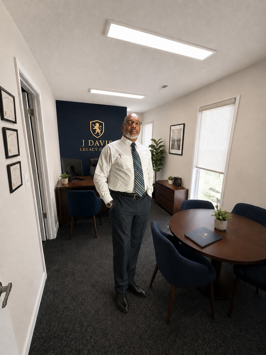 Joey Davis, Founder and CEO of J Davis Legacy Insurance Group, standing in the agency office.