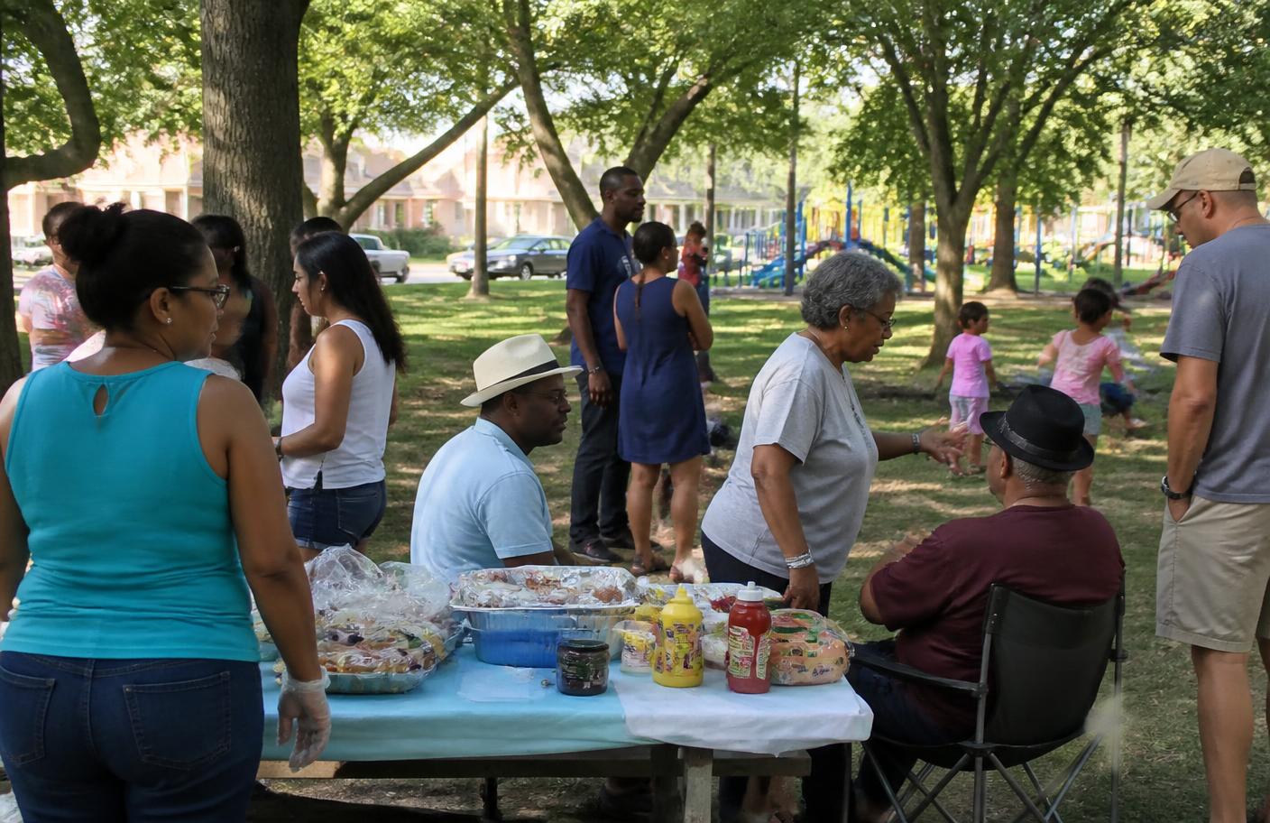 Neighbors of different ages and backgrounds gathering in a shaded community park