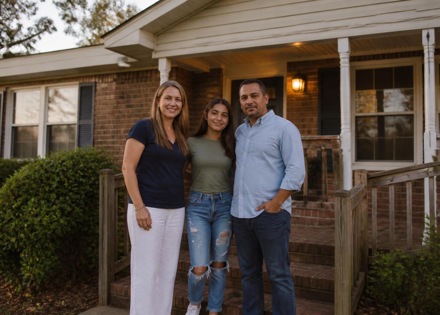 Homeowners standing together on the front porch of their brick home