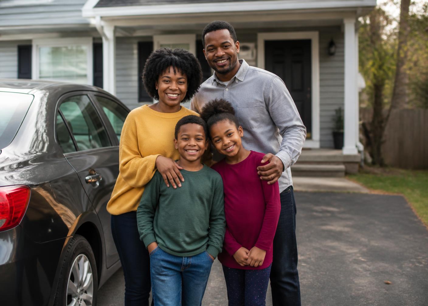A family standing together in the driveway of their home beside their car
