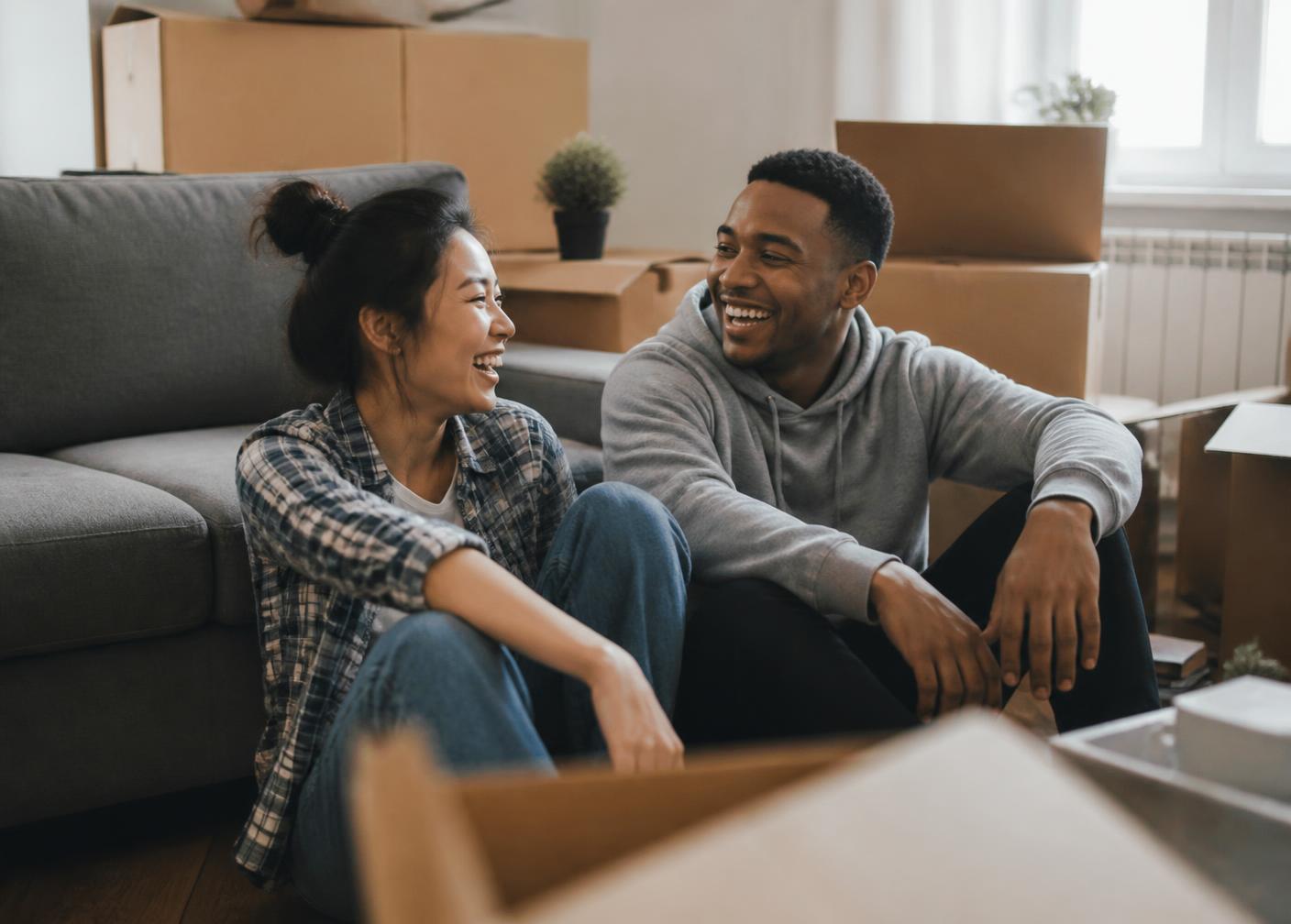 A young couple unpacking boxes in the living room of their apartment